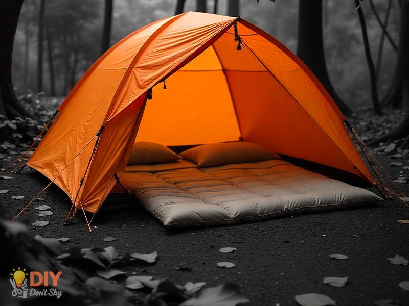 Quick campsite setup with tent pitched, flysheet, poles, and sleeping bags arranged in minutes.