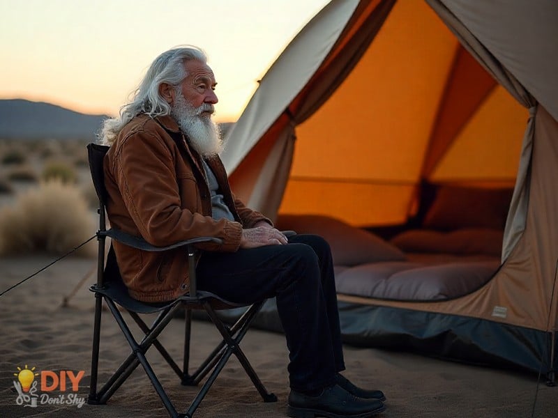 Comfortable camping setup for seniors with high tent, supportive chair, and thick pad.