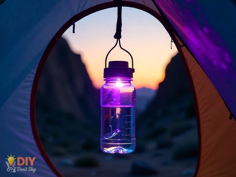 DIY camping lantern made with headlamp inside water bottle to light up tent interior.