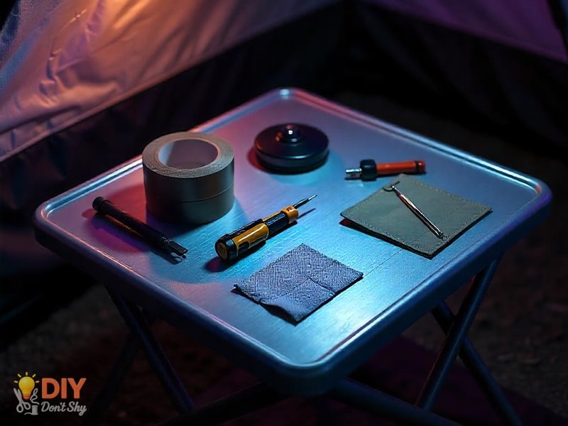Compact camping repair kit with duct tape, multitool, and safety pins for quick fixes.