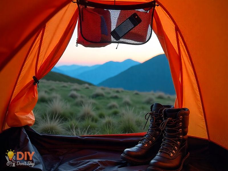 Organized camping tent interior with mesh pocket and dry sacks keeping gear tidy.