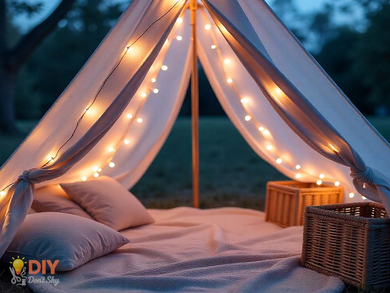 Kid-friendly camping tent with colorful zones and caddies for organized sleeping spaces.
