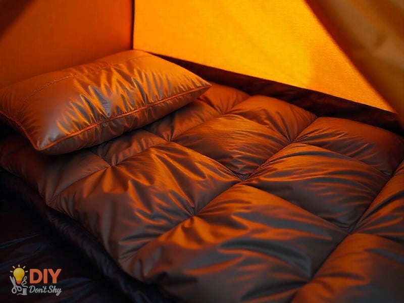 Layered camping bedding with foil blanket, inflatable pillow, and adjustable blankets for warmth.
