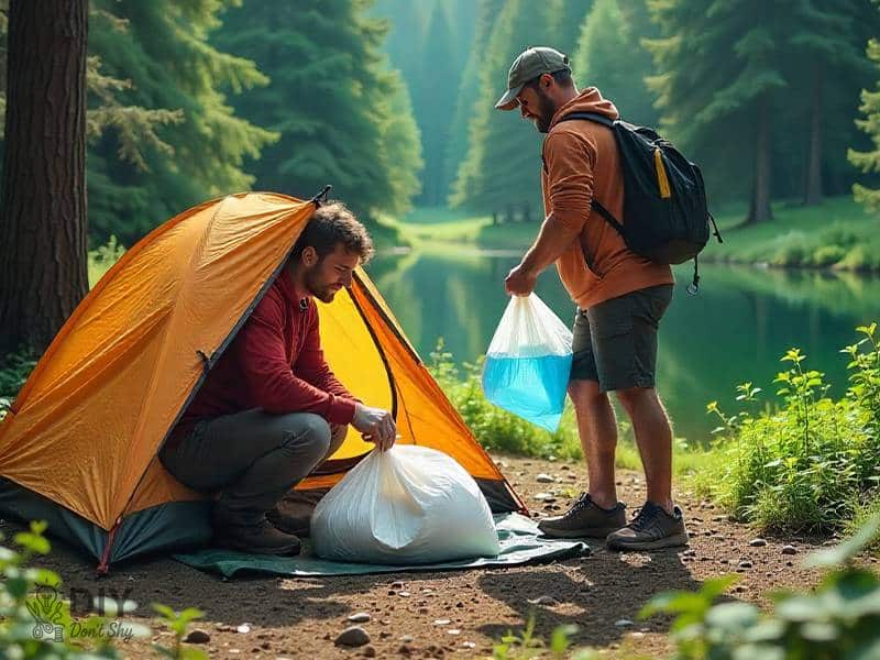 Eco-friendly campsite cleanup with trash bags and biodegradable soap for leave no trace camping.