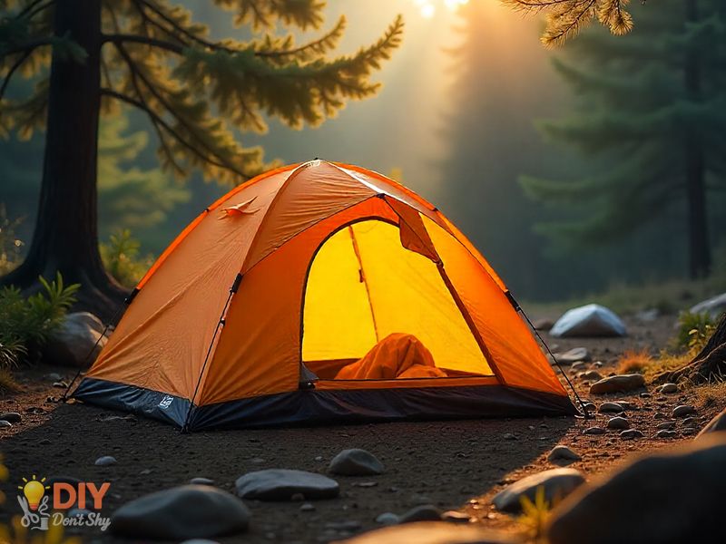 Tent set up on flat, elevated ground with clear, safe surroundings for better site selection.