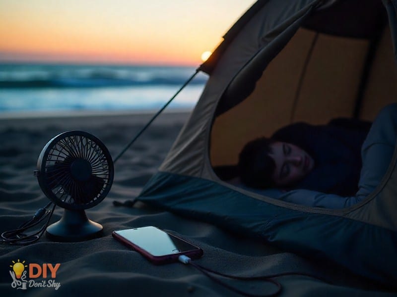 Camping tent with solar charger, USB fan, and earbuds showing useful tech hacks.