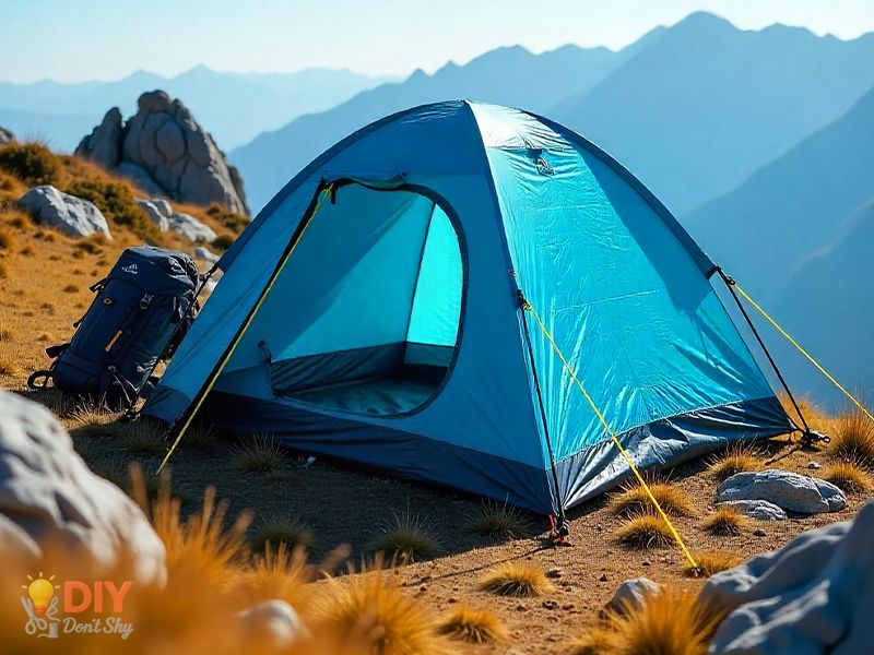 Windproof tent setup with guy lines, rocks, and trekking pole for stability in strong gusts.