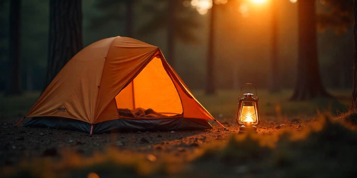 Cozy campsite with a well-pitched tent and lantern, showing practical camping hacks for comfort and efficiency.
