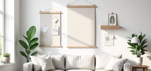 Main featured image for cheap DIY wall decor ideas showing living room wall with fabric panel, poster ledge, paper relief art, and botanical print on a budget.