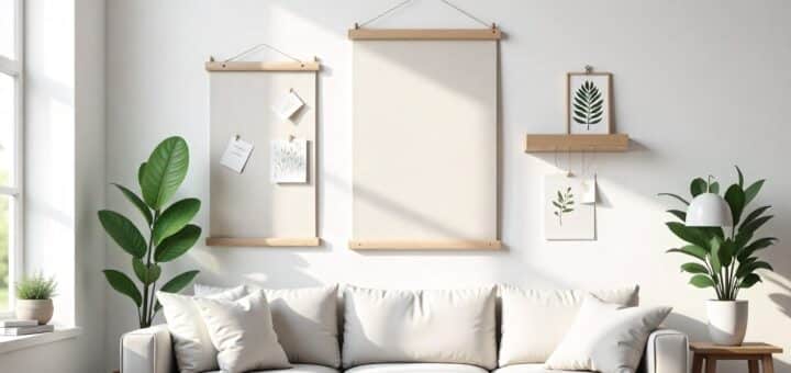 Main featured image for cheap DIY wall decor ideas showing living room wall with fabric panel, poster ledge, paper relief art, and botanical print on a budget.