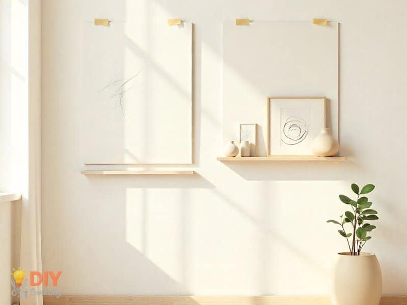 DIY plywood poster ledge pair displaying artwork and sketches for budget-friendly wall decor.