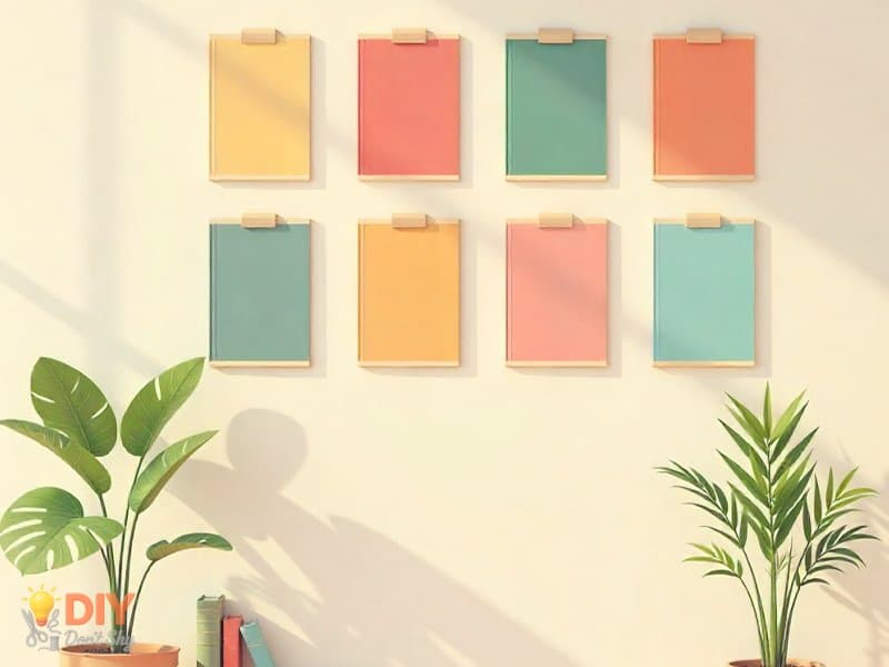 DIY book jacket gallery on a wall using poster putty for inexpensive and casual home decoration.
