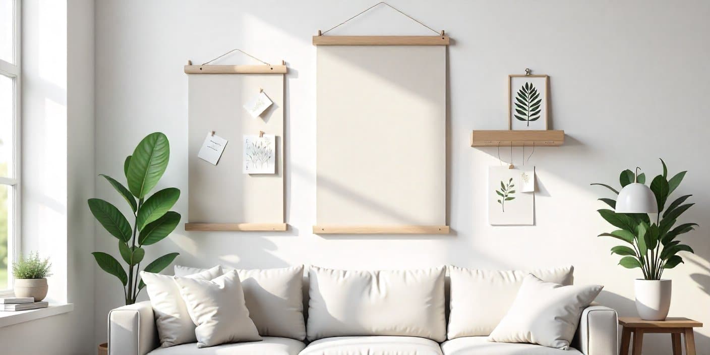 Main featured image for cheap DIY wall decor ideas showing living room wall with fabric panel, poster ledge, paper relief art, and botanical print on a budget.