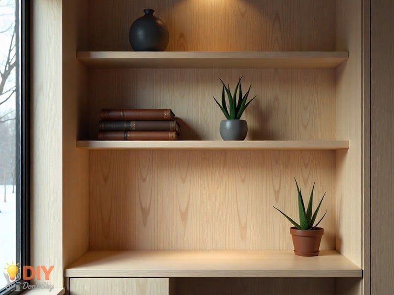 Floating wall shelves with books and plants in a small home office