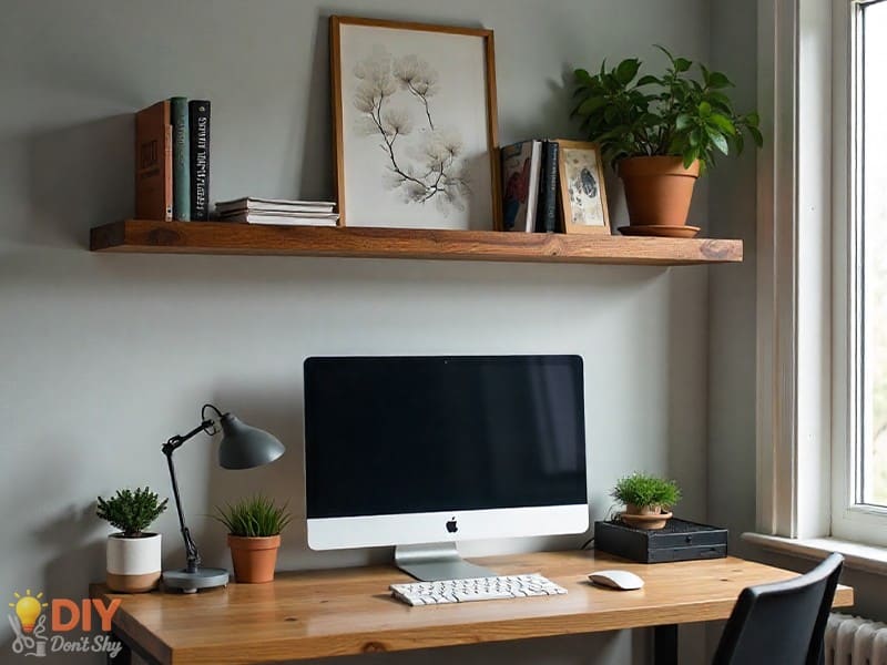Minimalist floating office shelf with books and plant above a desk