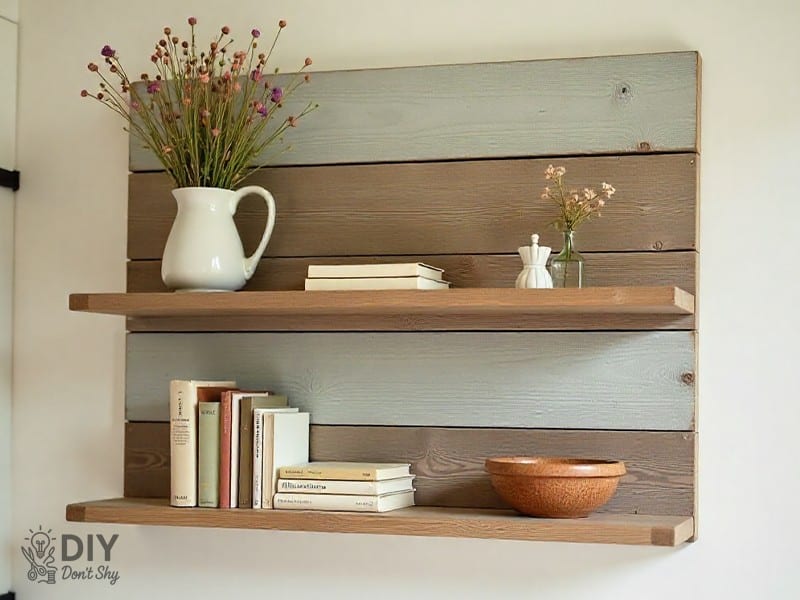 DIY reclaimed wood bookshelf with rustic planks and books neatly arranged