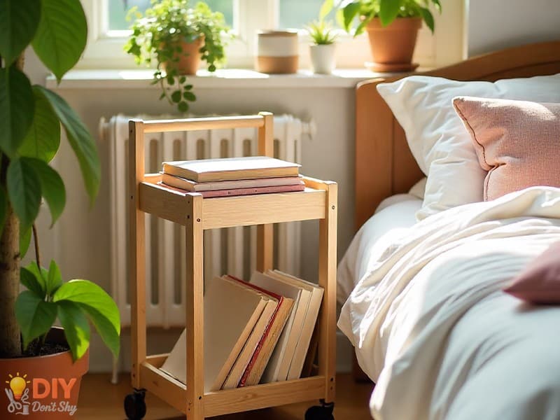 DIY rolling book cart with books beside a bed in a small apartment
