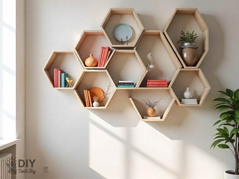 Statement hexagon wall shelves used as creative DIY bookshelf design