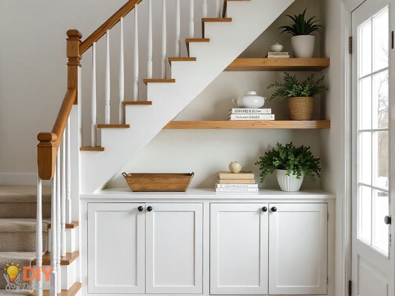 DIY under-stair bookshelf with books and decor in a compact home