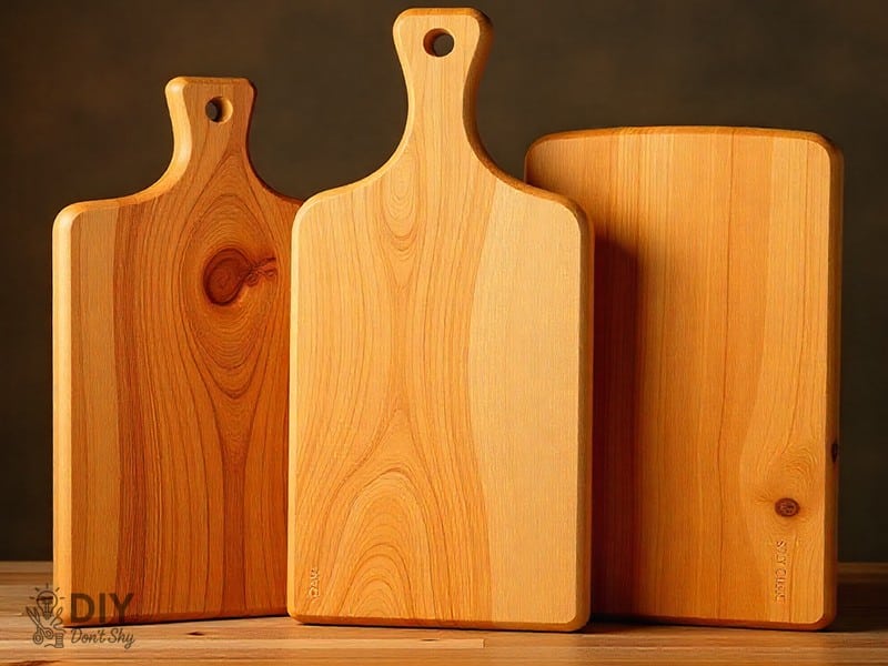 End-grain, edge-grain, and face-grain wooden cutting boards in different sizes and shapes.