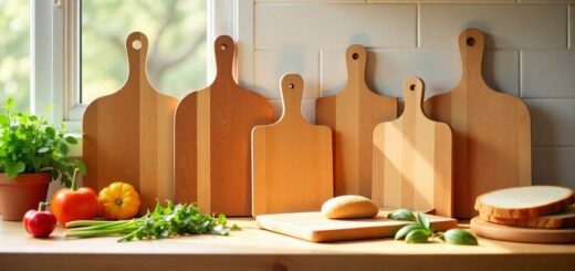 Handmade DIY wooden cutting boards in a bright kitchen with maple, walnut, and cherry wood styles.