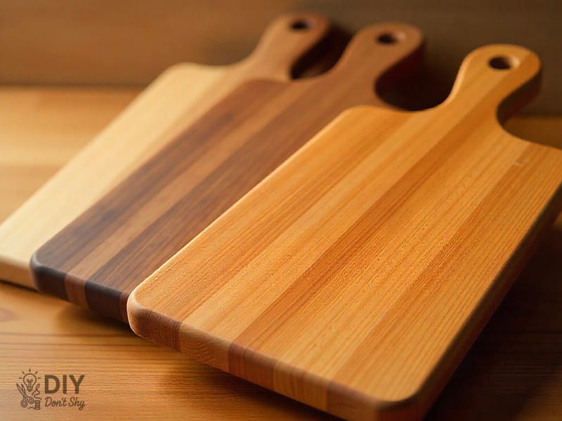 Maple, walnut, and cherry wooden cutting boards showing natural safe wood choices for DIY projects.