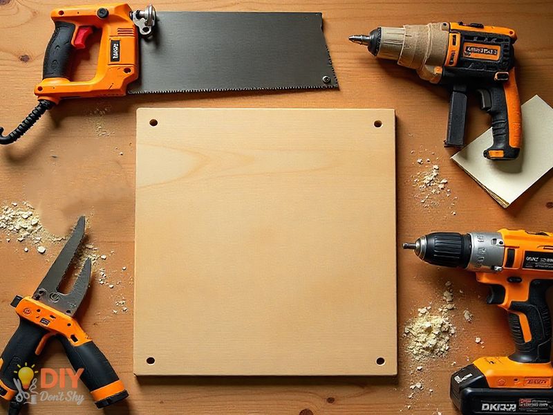Essential DIY cutting board tools including saw, clamps, drill, jigsaw, and sandpaper on a wooden workbench.