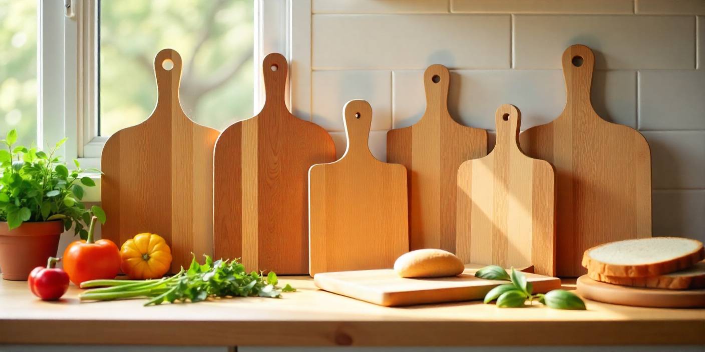 Handmade DIY wooden cutting boards in a bright kitchen with maple, walnut, and cherry wood styles.