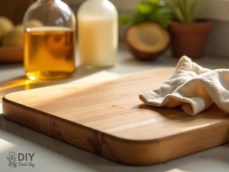 Food-safe cutting board finishes with mineral oil, beeswax, and coconut oil applied on wood.