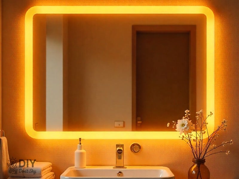 DIY LED-lit mirror frame glowing with modern bathroom lighting