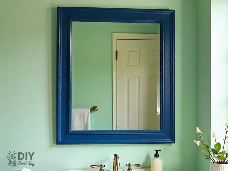 Painted mirror frame in bold navy color for small bathroom décor