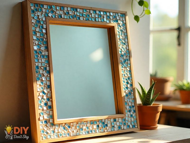 Handmade mosaic tile mirror frame with decorative stone details