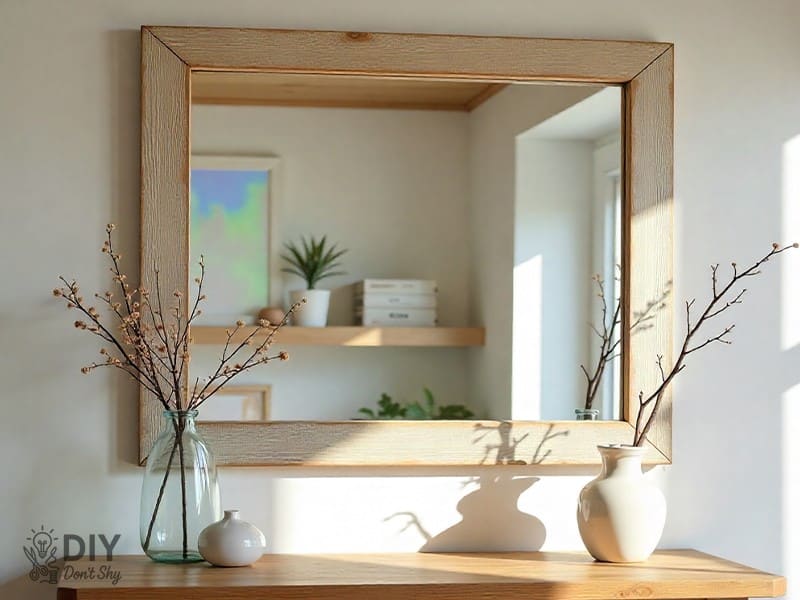 Rustic reclaimed wood mirror frame with farmhouse whitewash style