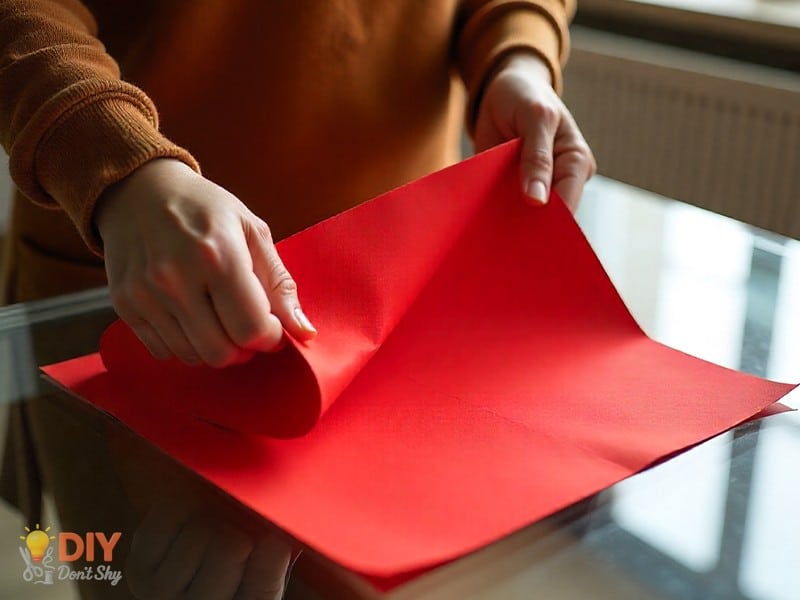 Folding a square sheet in half and making cross creases to start a paper box.