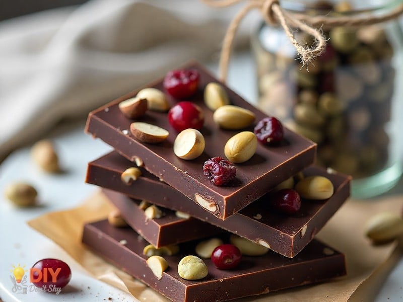 Edible handmade gift ideas for wife featuring chocolate bark and homemade tea blend.