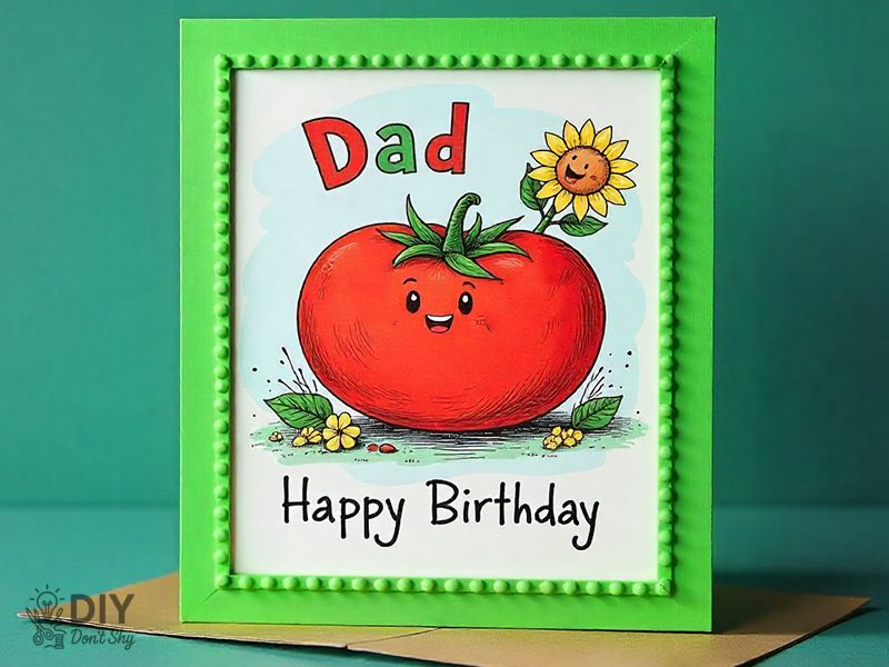 DIY garden-themed birthday card for dad with tomato and sunflower drawing.