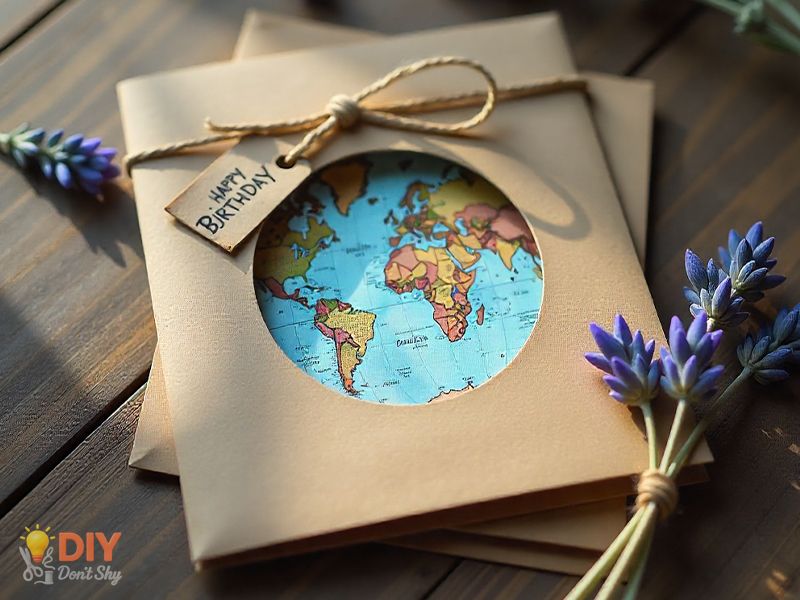 DIY travel-themed birthday card with map window and tag for husband.