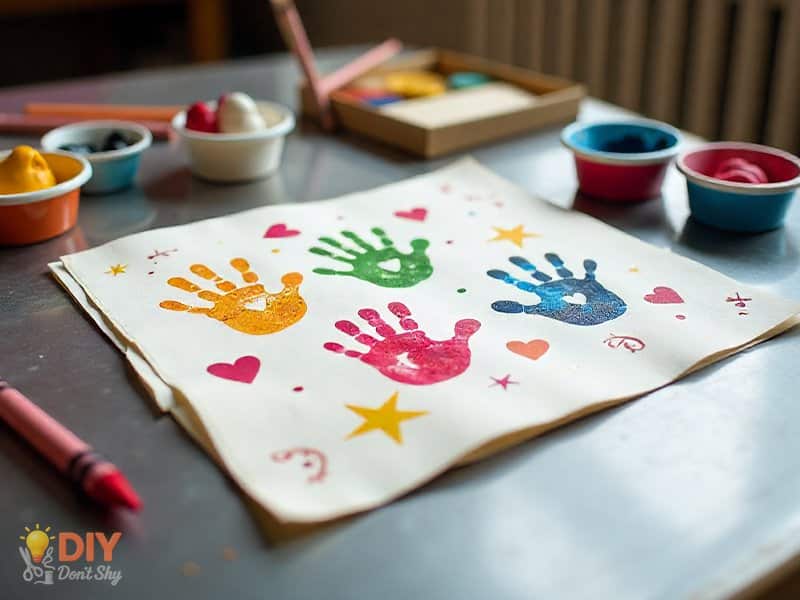 Toddler’s homemade birthday card for grandma with handprints, stickers, and colorful scribbles.