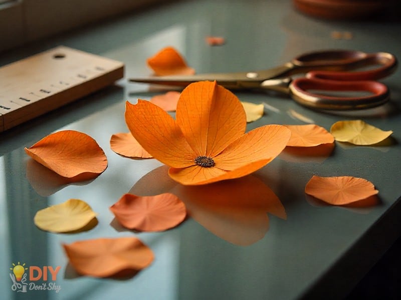 Paper petals in three sizes cut for a DIY birthday flower card.
