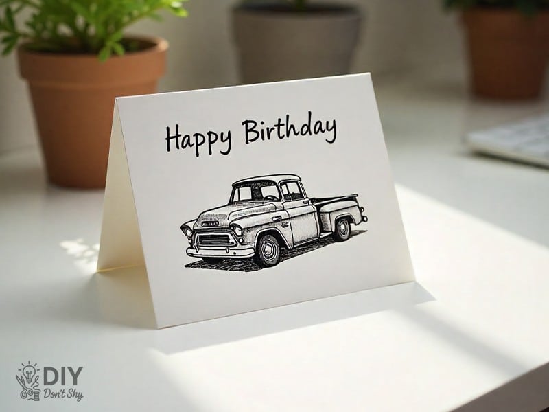 Folded sketch birthday card for grandpa with vintage truck drawing