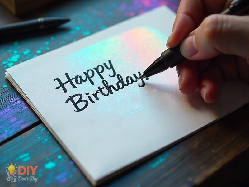 Person writing a personal birthday message inside a handmade card.