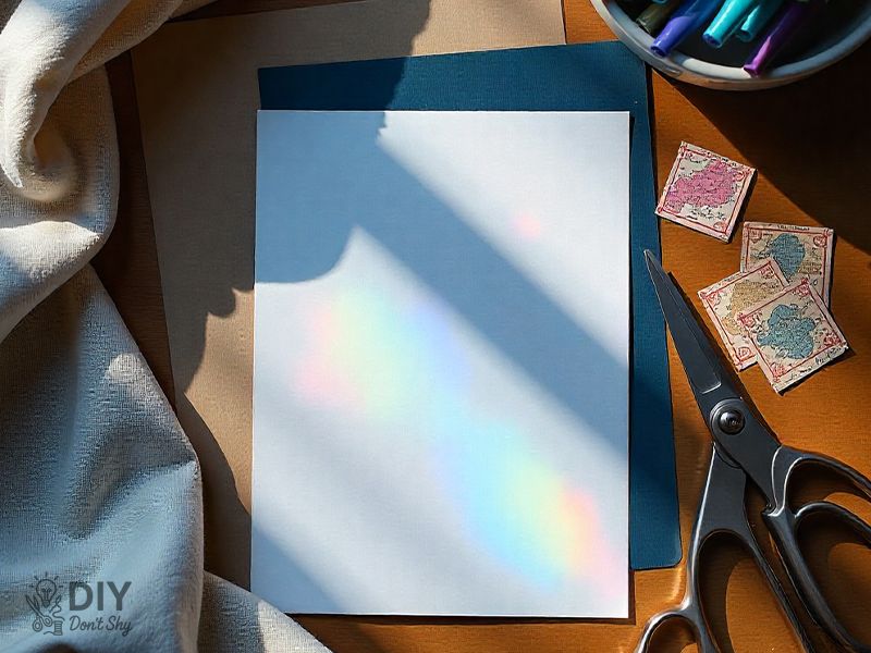 Flat lay of card-making supplies including kraft paper, cardstock, markers, and scissors.