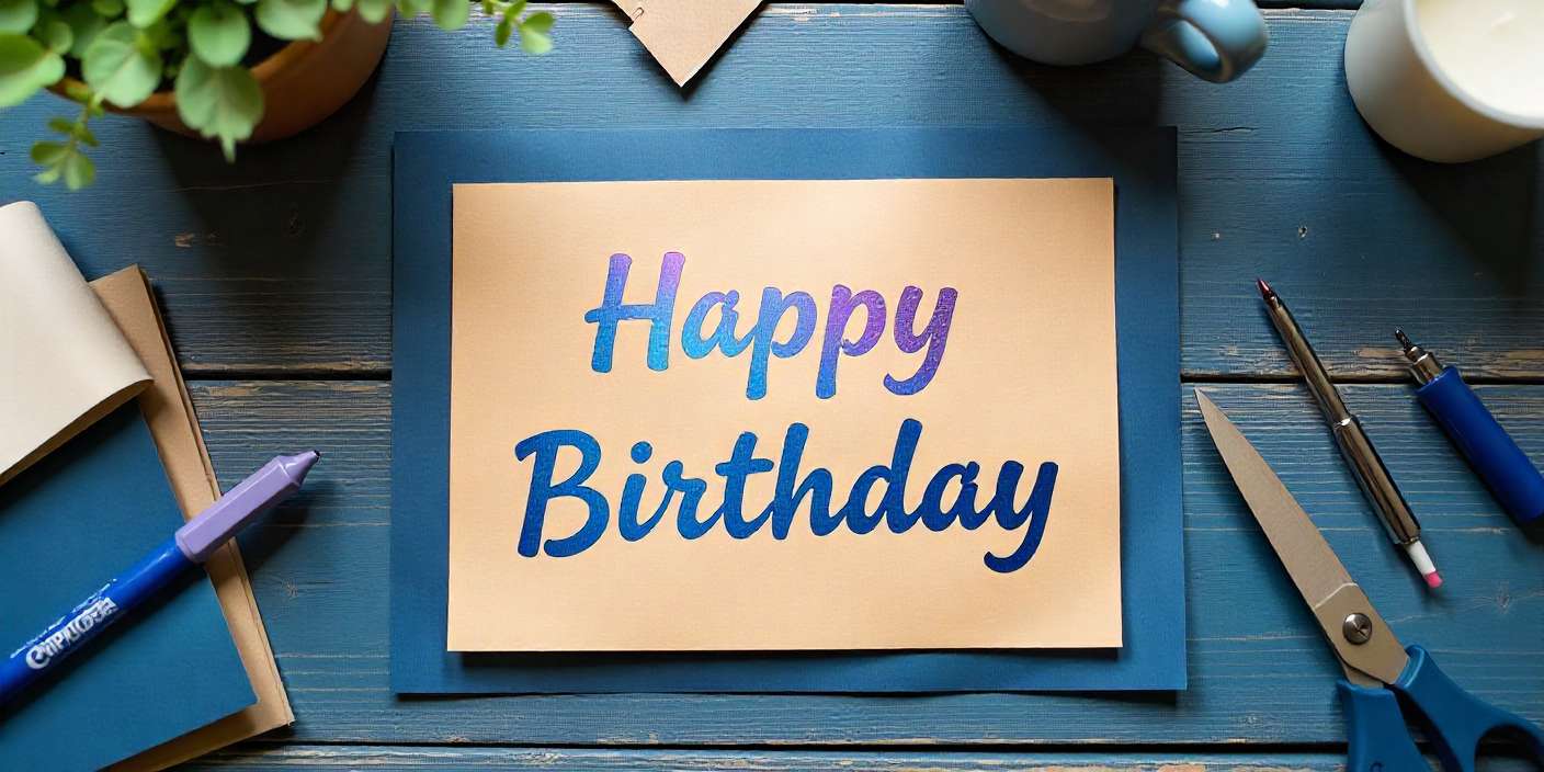 Homemade birthday cards for guys made with kraft paper and navy cardstock, styled neatly on a wooden desk.