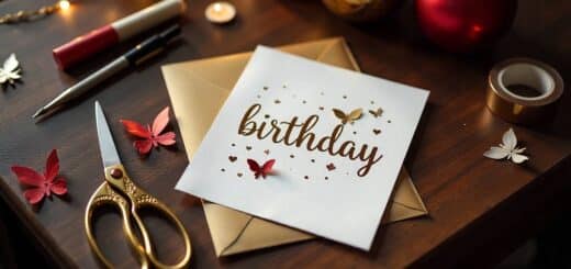 Handmade birthday card for her with craft supplies on wooden table