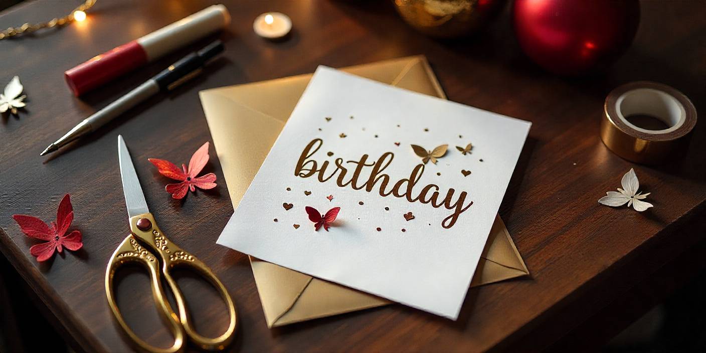 Handmade birthday card for her with craft supplies on wooden table