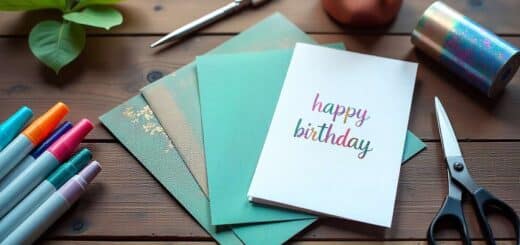 Homemade birthday cards for husband with cardstock, markers, and handwritten designs on a wooden table.