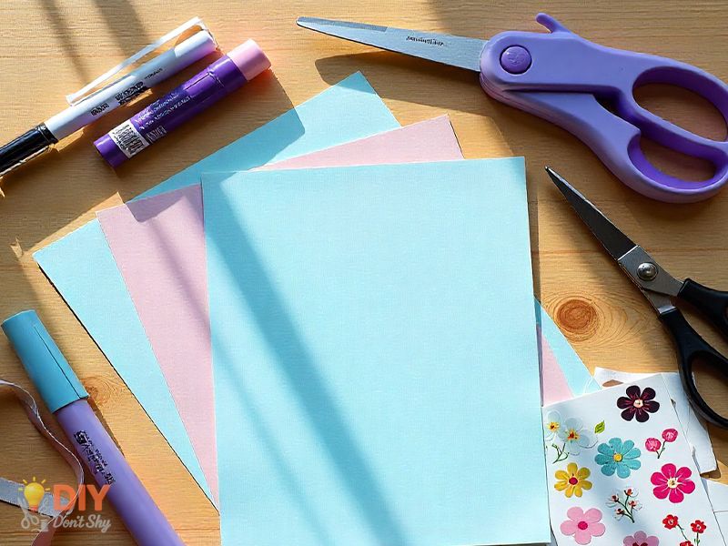 Card-making supplies for homemade birthday cards including cardstock, scissors, glue, and pens.