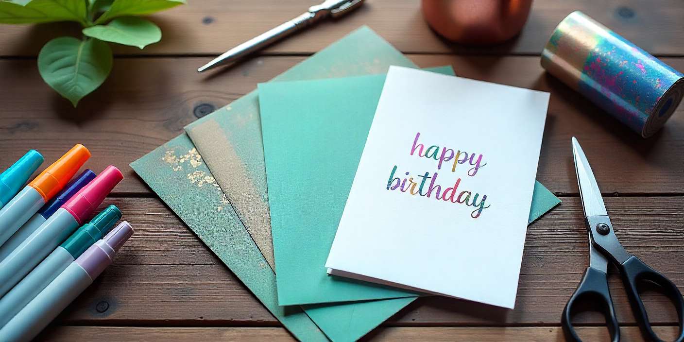 Homemade birthday cards for husband with cardstock, markers, and handwritten designs on a wooden table.