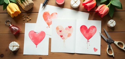 Homemade birthday cards for Mom with watercolor, pop-up hearts, and collage designs displayed on a wooden table.