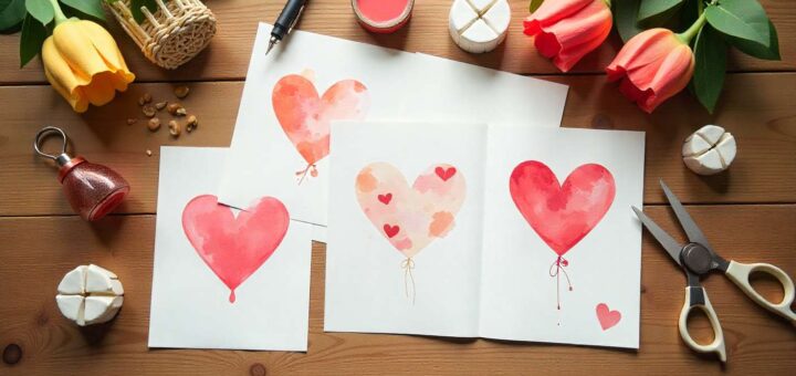 Homemade birthday cards for Mom with watercolor, pop-up hearts, and collage designs displayed on a wooden table.